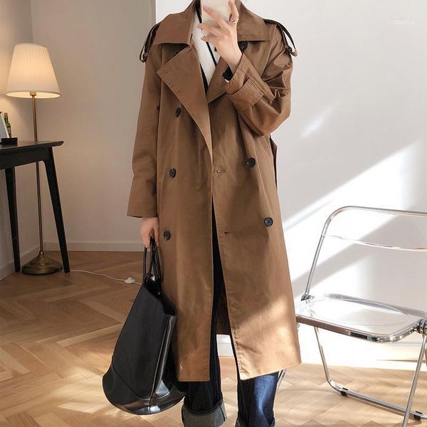 

autumn woman casual double breasted simple classic long trench coat with belt chic female coffee oversize windbreaker1, Tan;black