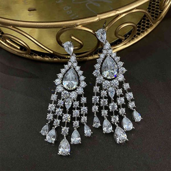 

luxury real 925 sterling silver full high carbon diamonds tassel drop earrings for women charms wedding engagement jewelry gifts, Golden