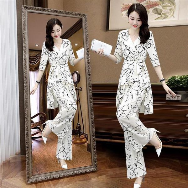 

suit casual summer two womens pants piece fashion slim wide leg long pant half sleeve crop korean style printed, White