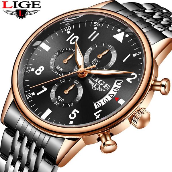 

wristwatches 2021lige fashion watches mens waterproof luminous chronograph quartz men watch stainless steel sport, Slivery;brown