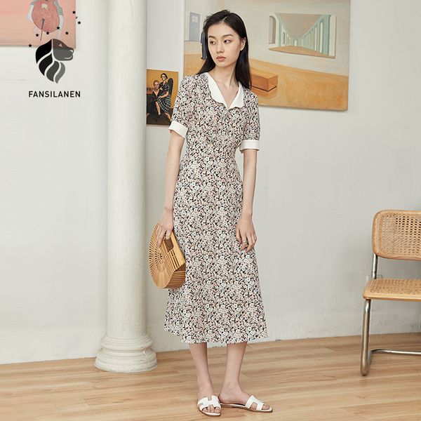 

fansilanen floral print splice vintage long dress women puff sleeve slim elegant chiffon dress summer boho maxi party dress sexy, Black;gray