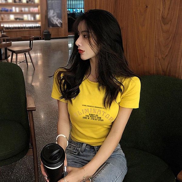 

women's t-shirt korean style cropped slim letter print fashion trendy round neck short sleeves women tee, White