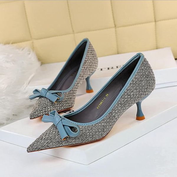 

high heels women shoes fashion wine glass heel woven shallow pointed toe color matching bow women's single d715 dress, Black