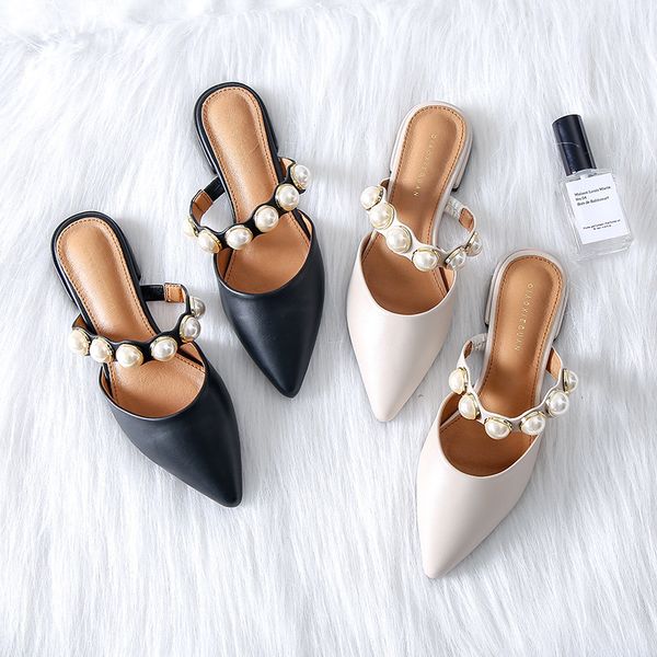 

spiked flat-soled slippers female summer 2019 new style slippers female retro-style slippers with rough heels and low heels, Black