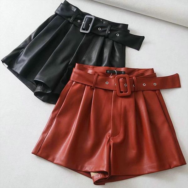 

spring autumn casual black womens short orange high waist pu belt lady sashes wide leg zipper fly loose faux leather, White;black