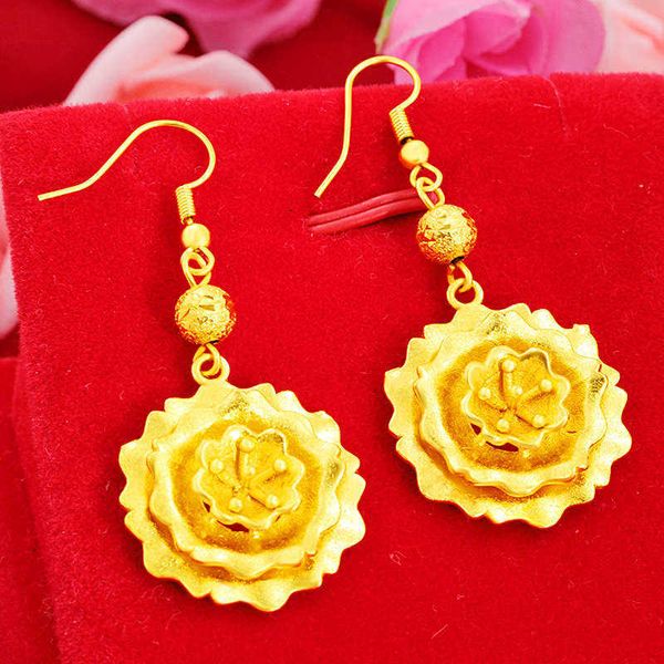 

women's big flower 24k gold plated charm earrings njge021 fashion wedding gift women yellow gold plate jewelry earring, Golden