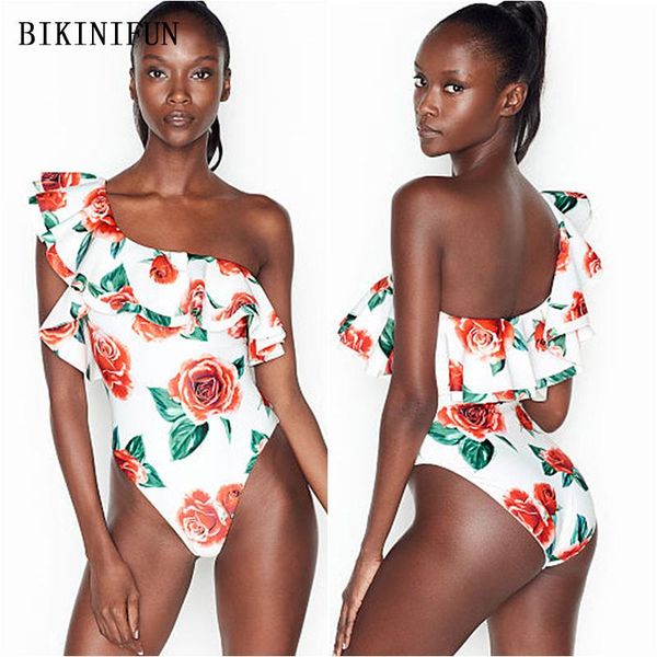

single shoulder monokini women floral print swimsuit ruffled one piece suit s-2xl girl backless swimwear beachwear one-piece suits