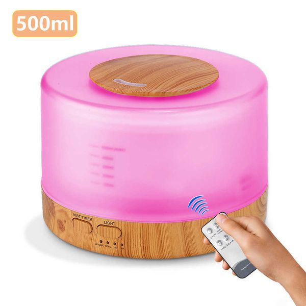 500ml Difusor de óleo essencial de madeira Ultrasonic usb huidificador de ar com 7 cores LED luzes de controle remoto escritório home difusor 210724