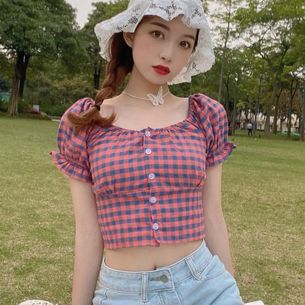 

summer plaid female shirt square collar women blouses fashion short shirts women's &, White