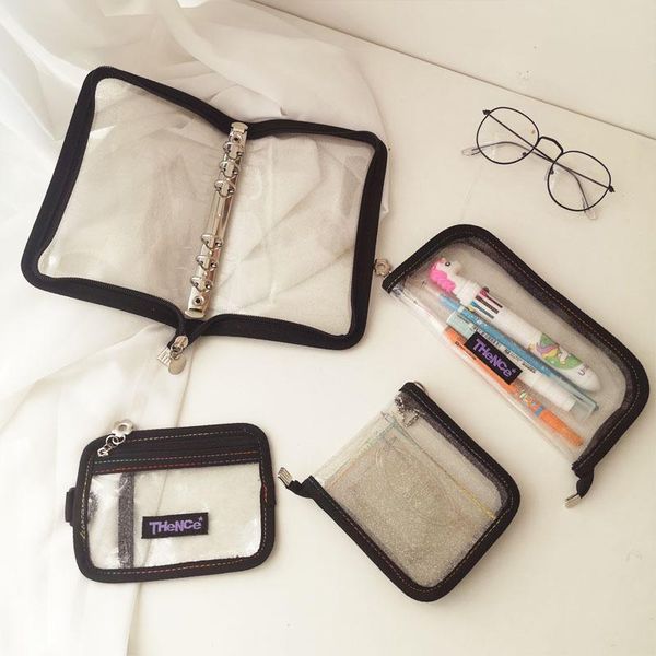 

pencil bags korean ins laser transparency bag pvc black border flash powder loose-leaf binder girl personalized bank card wallet