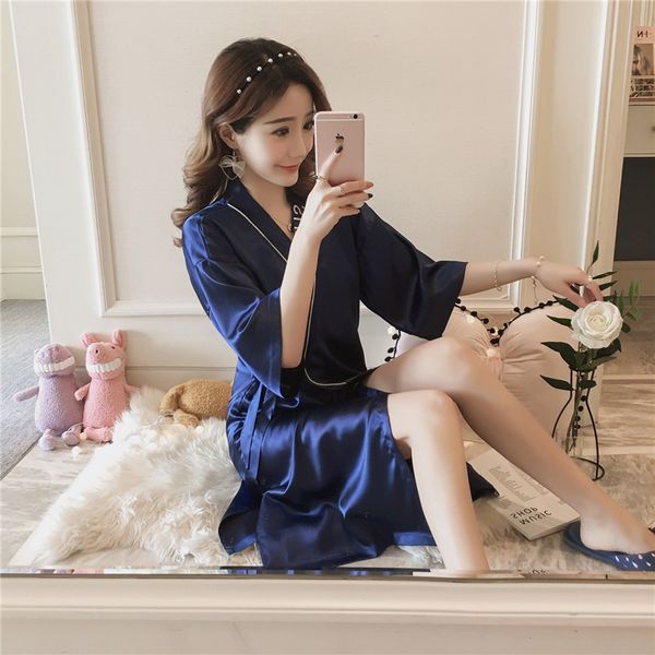 

summer embroidery robe for women three quarter sleeve silk like nightdress autumn japanese style sleepwear, Black;red