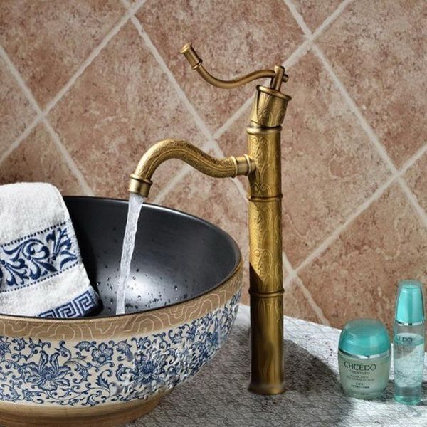 

tall antique brass bamboo shape carved pattern single handle bathroom basin faucet mixer tap aan014 sink faucets
