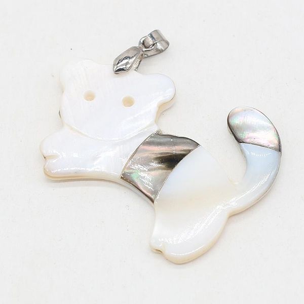 

charms natural white shell pendant with hand-carved lifelike lovely cat-shaped for jewelry making diy necklace 45x32mm, Bronze;silver