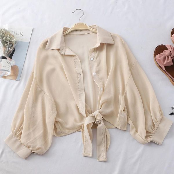 

women's blouses & shirts lantern sleeve chiffon women 2021 summer buttoned up shirt long blouse tied waist elegant, White