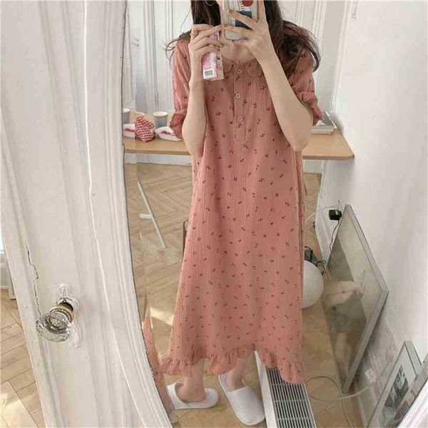 

pink printed chic homewear summer loose florals sweet princess dress pajamascotton sleepwear nightdress 210525, Black;red