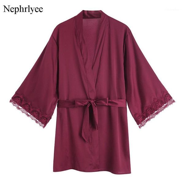 

women silk satin short night robe kimono fashion bath full sleeve pajamas lace sleepwear slp006 women's, Black;red