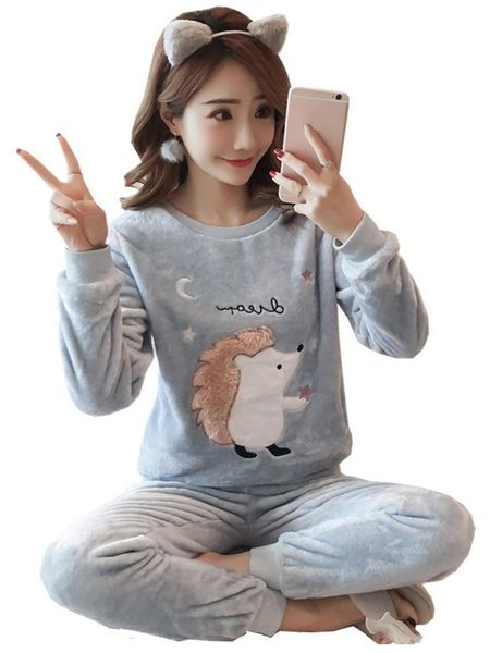 

2021new spring winter anti cold keep warm women coral fleece pajamas set of sleepcoat & lady thermal flannel home clothing bottoms, Black;red