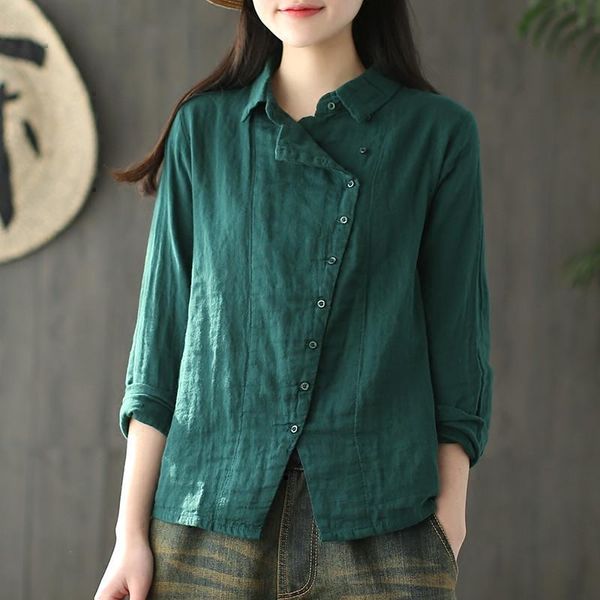 

cotton shirts vintage blouses women solid color cloths 2021 spring turn-down collar long sleeve button casual women's &, White