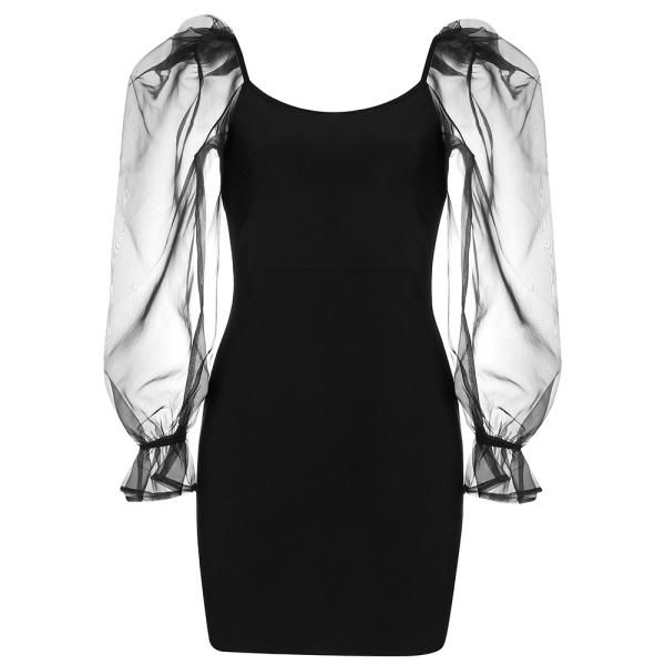 

casual dresses cy summer rayon bandage dress women transparent gauze puff sleeve mini bodycon evening party nightclub beartiful jurk, Black;gray