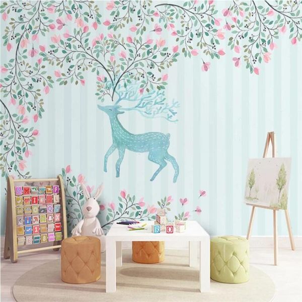 

wallpapers elk forest children's room blue background wall paper cartoon hand painted fresh floral wallpaper mural for kids walls 3d