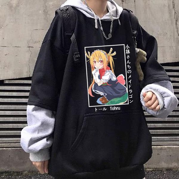 

men's hoodies & sweatshirts miss kobayashi's dragon maid cosplay cute tohru fashion sweatshirt graphic manga loog sleeve fake two, Black