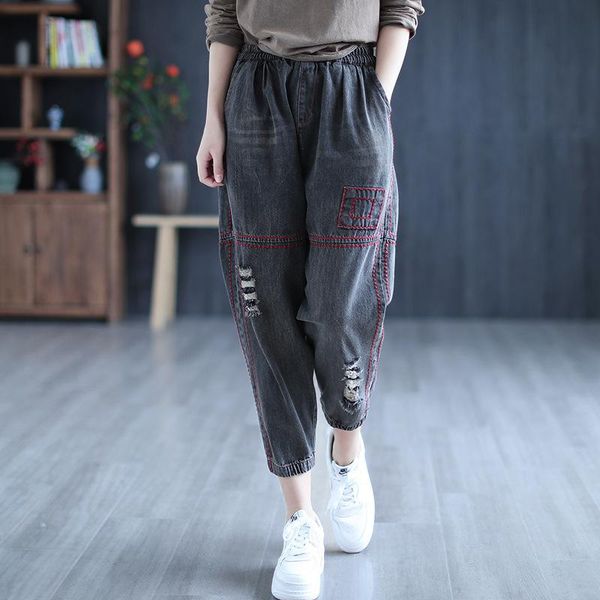 

women loose casual rip hole vintage ankle length denim pants elastic waist female retro embroidery harem chic fashion jeans women's, Blue