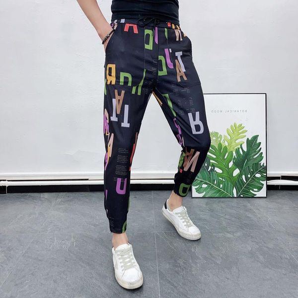 

men's pants 2021 summer splice letter printing streetwear hip hop men trousers flower joggers cargo clothes, Black