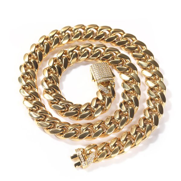 

12mm stainless steel cuban chain hip hop men's zircon spring buckle thick necklace, Silver