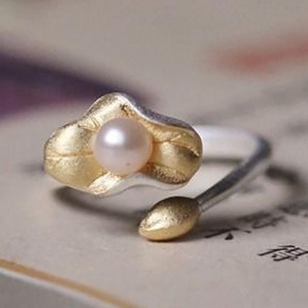 

silver pearl lotus leaf original literary retro niche design craftsmen and women couples opening adjustable ring cluster rings, Golden;silver