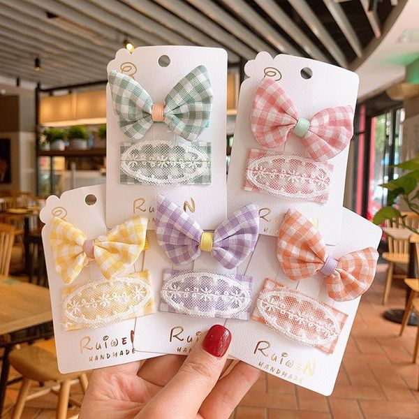 

hair accessories 2pcs children bow plaid lace hairpins women girl sweet clips pin kid hairgrips headwear barrettes, Slivery;white