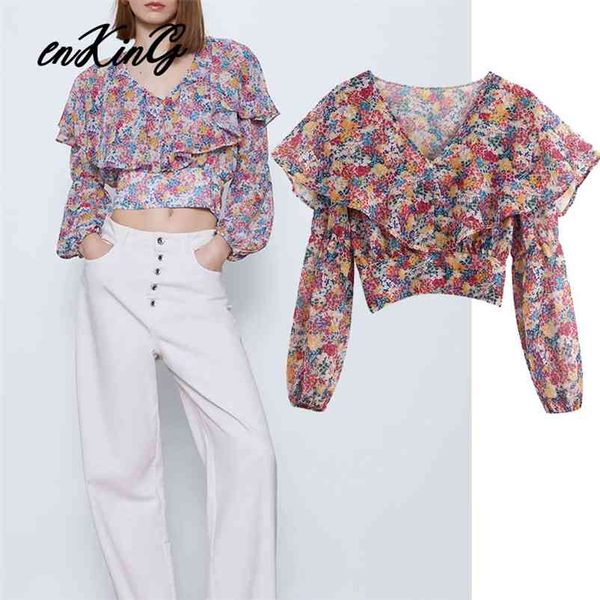 

england high street vintage long sleeve flower print za blouse women blusas mujer de moda kimono shirt womens 210628, White