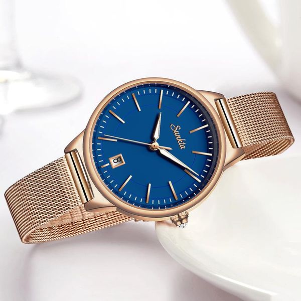 

wristwatches sunkta 2021 watch womenes mesh belt independent date window waterproof watches lady business analog blue dial, Slivery;brown