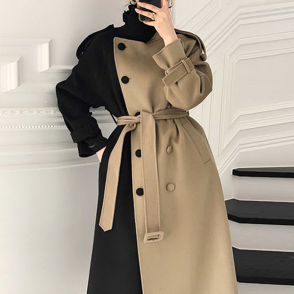 

winter over knee style turn-down collar long-sleeved panelled straight minimalist woolen overcoat with belt 8q625 210510, Black