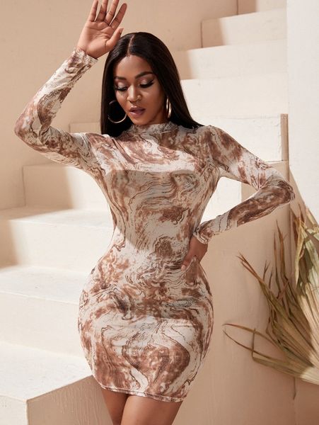 

sxy marble print mock neck mesh bodycon dress b40o#, Black;gray