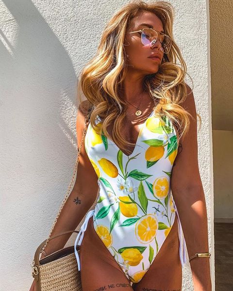 

two-piece suits 2021 european and american women's swimsuit one-piece fruit printed bikini cross strap