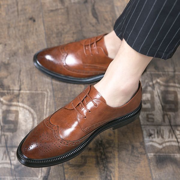 

block carved leather sho british large casual busins drs lace up pointed small men's suit wedding, Black