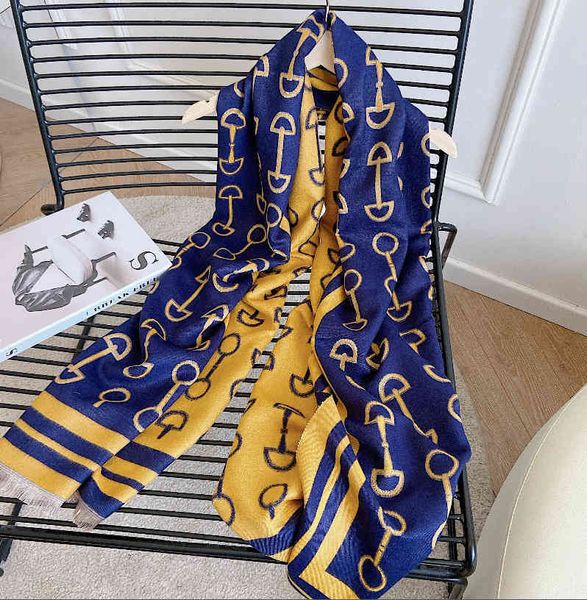 

70% off design scarf 2021 autumn winter imitation cashmere new women's warm horseshoe buckle double-sided air conditioning shawl versat, Blue;gray