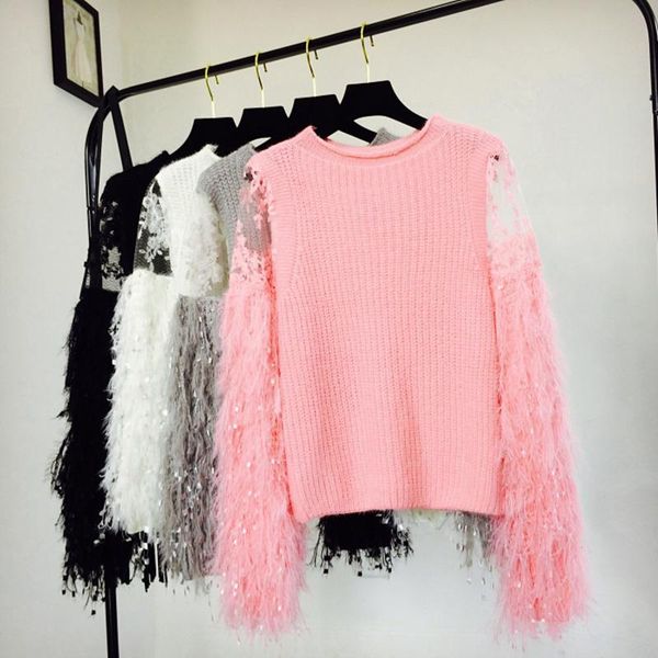 

women's sweaters 2022 spring autumn long lace tassel sleeve mohair knitted jumper women sweater mh559, White;black