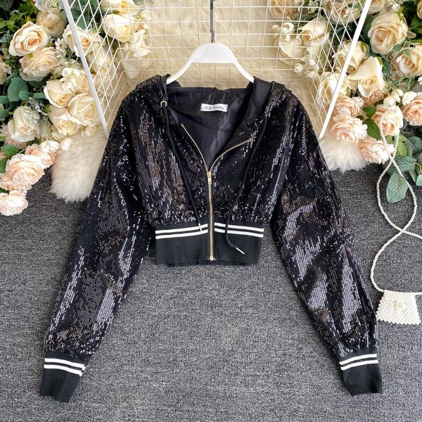 

women's jackets zqlz bling spring sequin coat women 2021 hooded short summer coats ladies slim long sleeve zipper jacket female, Black;brown
