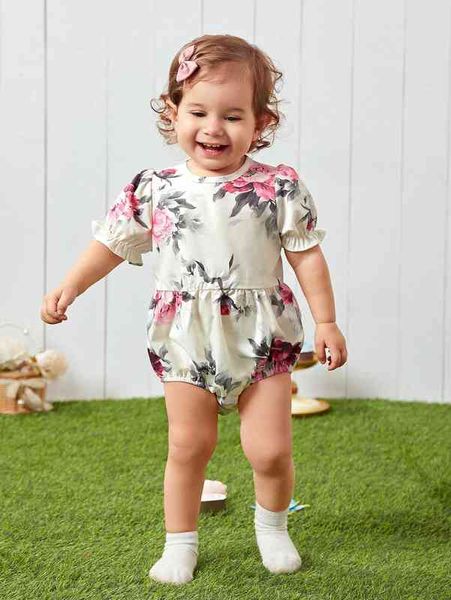 

baby floral print puff sleeve bodysuit she, Blue