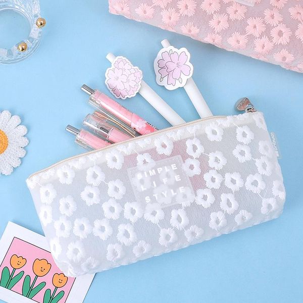 

pencil bags arrive creative cute floral flower net yarn case zipper cases lovely pens school supplies girl stationery