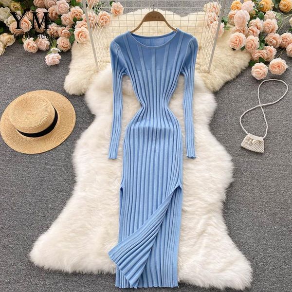 

casual dresses yuoomuoo autumn winter basic women long sleeve solid bodycon stretch midi dress package hips split knitted, Black;gray