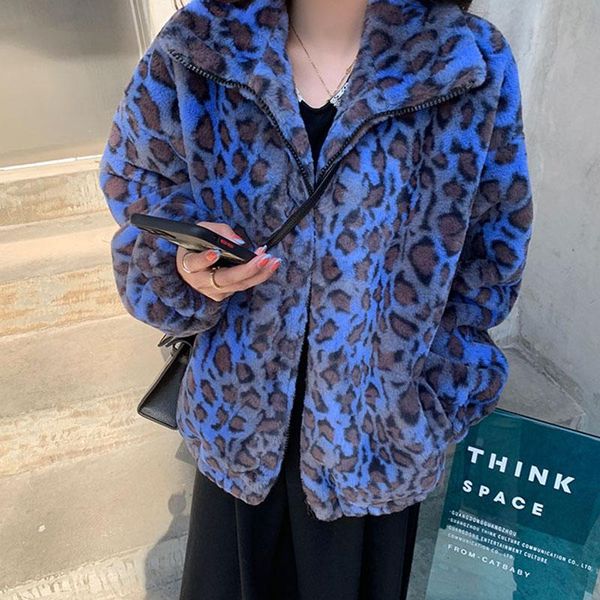 

women's fur & faux vinatge leopard coat women long sleeve zipper thick warm jacket fashion high street fluffy clothing 40-74kg, Black