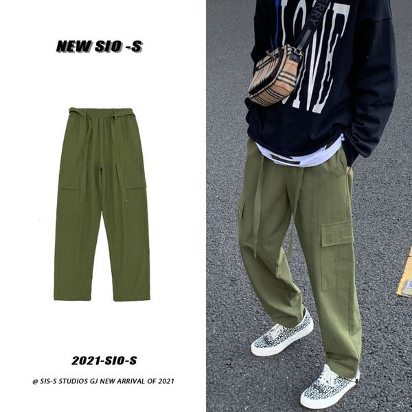 

pant cotton cargo men's fashion retro pocket casual men streetwear loose hip-hop straight wide leg pants mens trousers, Black