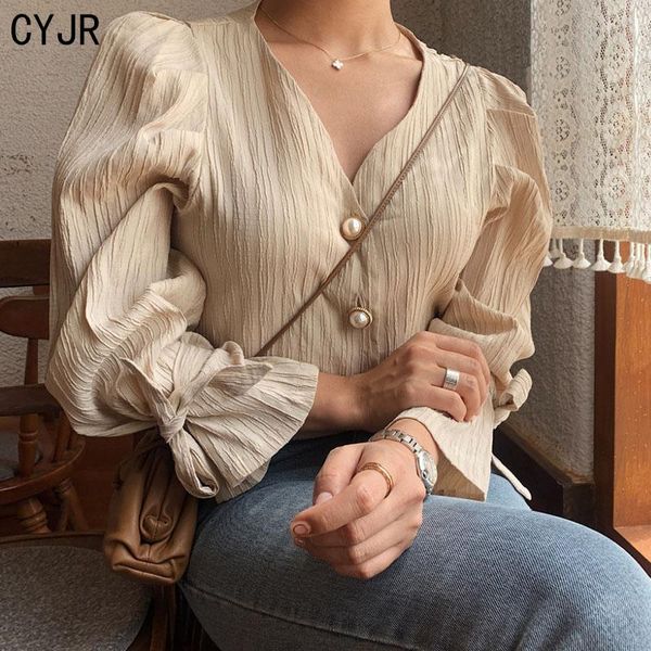 

women's t-shirt cyjr korean 2021 retro elegance casual sweet solid pearls chic fresh loose vintage all match women shirts, White