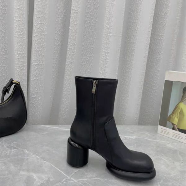 

2022fashion round heels ankle boots women temperament genuine leather chelsea boot ladies waterproof motorcycle bota high heel w, Black