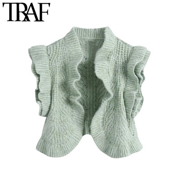 

traf women sweet fashion with ruffle trims cropped vest sweater vintage sleeveless female open waistcoat chic 210415, White