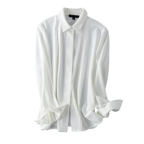 

[ewq] 2021 spring women office lady blouse single breasted turn-down collar long-sleeved minimalist chiffon pleated shirt 8y153 women's, White
