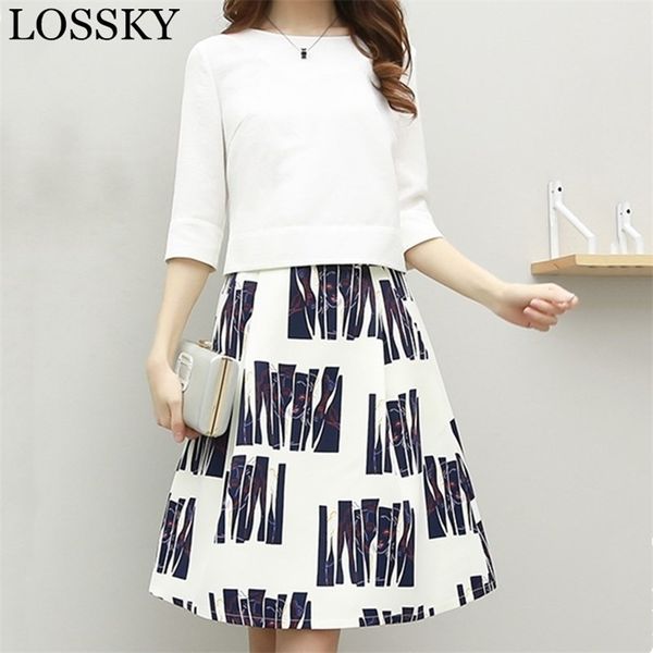 

elegant women's 2 piece skirt sets summer autumn 3/4 sleeve white and a line print skirts suit party two pieces outfits 210507