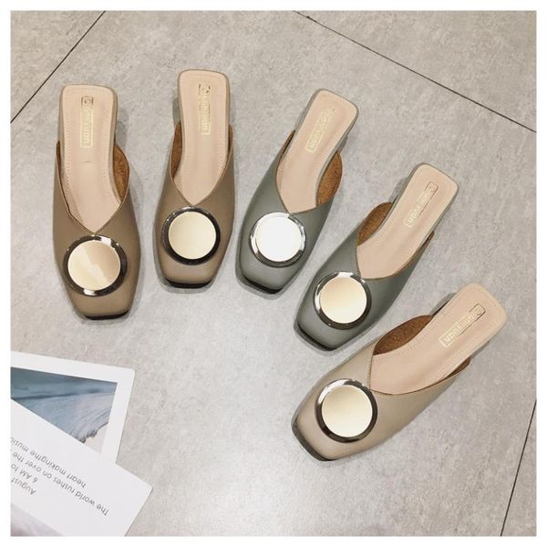 

slippers wome square toe wooden low heel casual shoes women metal buckle slides slip on outdoor slipper big size 41, Black